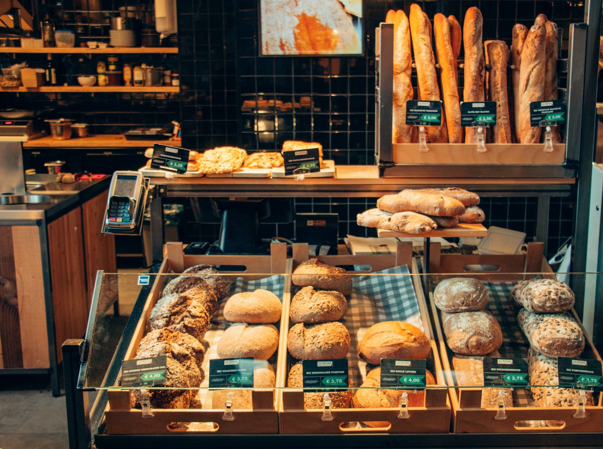 Fresh artisan bread loaves at the bakery